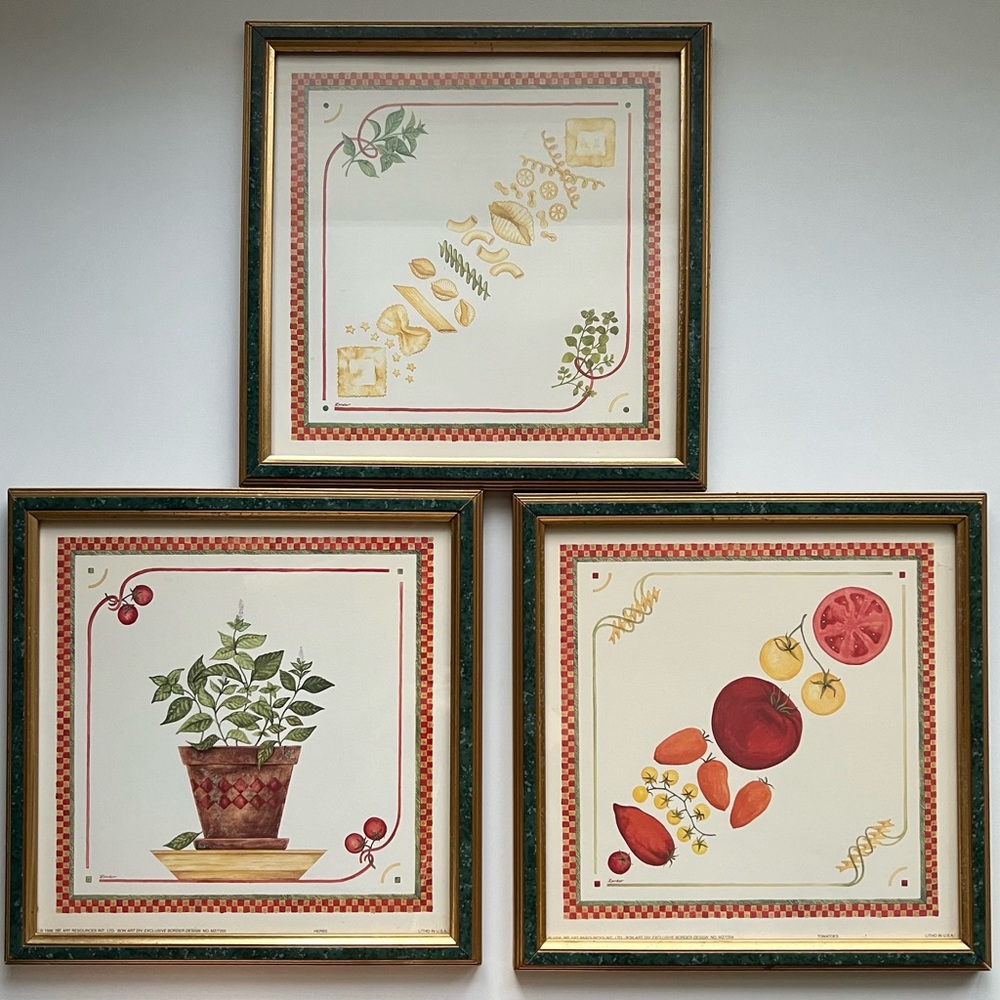✨ 1996 ART RESOURCES INT LTD -Set of 3 Framed Prints TOMATOES - HERBS - PASTA.